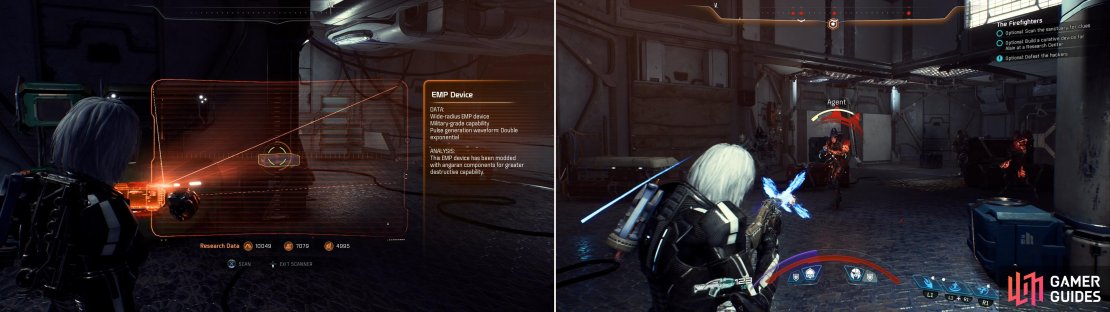 If you scan too many objects in the sanctuary (left) you&rsquo;ll expose yourself and provoke the anti-AI fanatics (right).