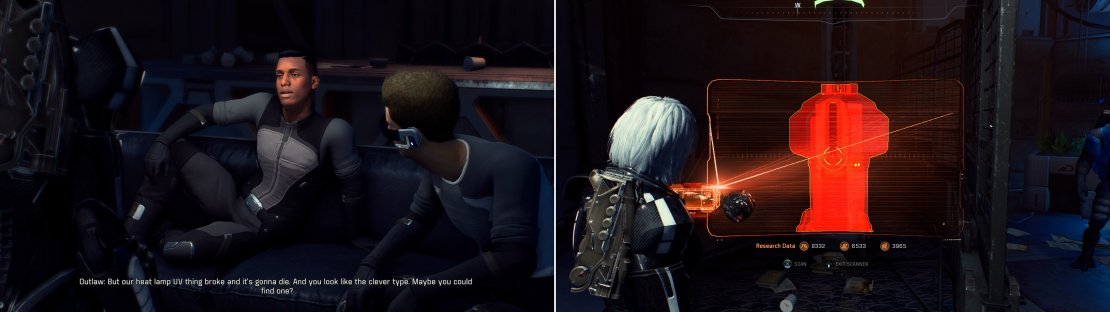 Find the source of the navpoint to discover that&hellip; well, it&rsquo;s a big waste of time (left). At least you can scan an Adapted Initiative Core Tech device before you leave (right).