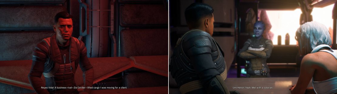 After solving the murder mystery in Kadara Port, talk to Reyes, who has another&hellip; sensitive task for you (left). Pay a visit to the bartender in Kralla&rsquo;s Song to learn more about Zia&rsquo;s recent actions (right).