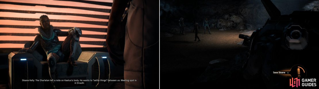 Talk to Sloane Kelly to learn that the time for a showdown between her and the Charlatan has arrived (left). During the stand-off you&rsquo;ll get an opportunity to interrupt, and hence play kingmaker on Kadara (right).
