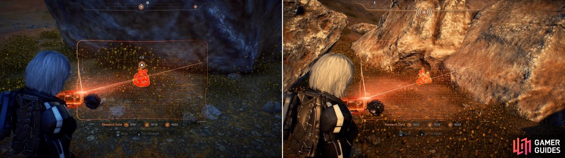 Find an Element Zero sample carefully hidden amidst some fungi-like grass (left), while an Iridium Sample can be found near the lake in the Kurinth&rsquo;s Valley area (right).