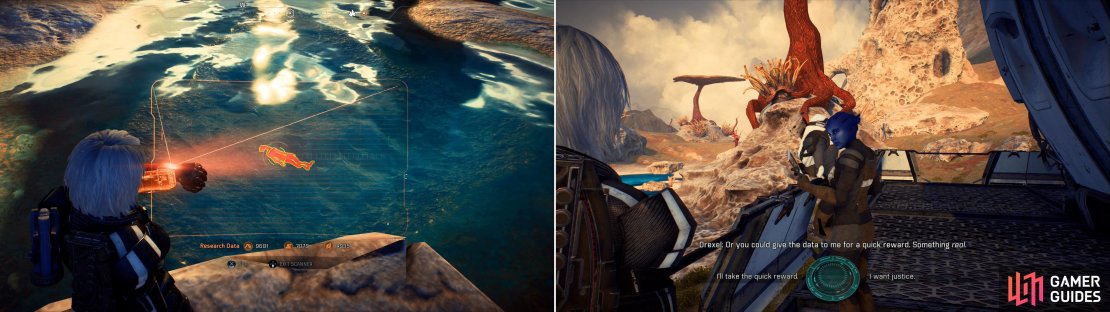 Around Kadara you&rsquo;ll find various bodies of water, which are being used as convenient dumping grounds for&hellip; bodies. Ironic. (left) Scan these bodies and return to Saneris and Drexel and choose between their offers (right).