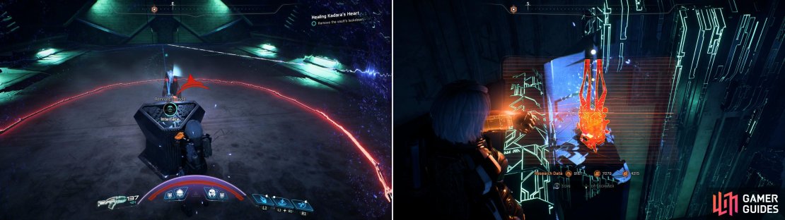 The energy barriers around some console will damage you, but you&rsquo;ll need to bear with it to activate them (left). Search the ledges to the east to find an Adaptive Remnant Core Device (right).
