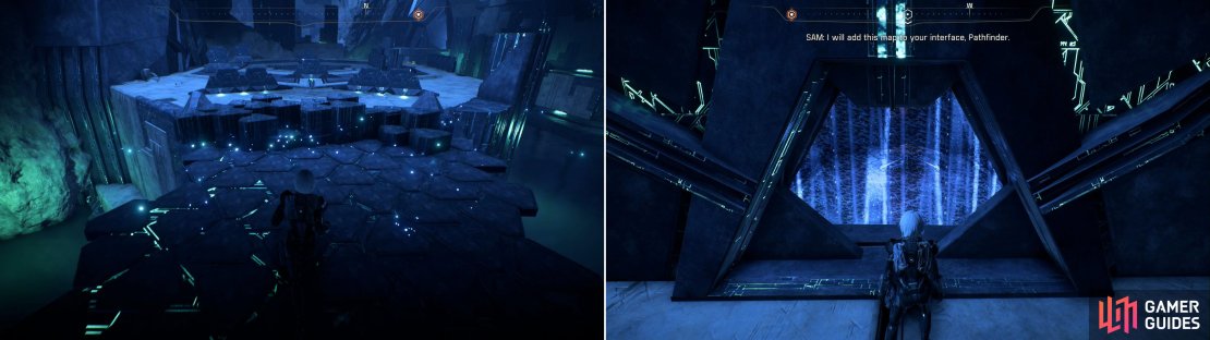 Don&rsquo;t activate the Remnant Console at the entrance to the vault proper, which will allow you to cross a Remnant bridge (left). Note the chamber behind the energy barrier, which is worth planning to return to as you flee the vault (right).