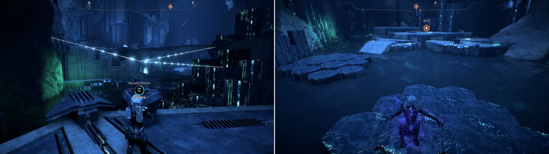 Return to the beginning of the vault and activate the previously ignored Remnant Console (left) then leap across the &ldquo;lily pad&rdquo; platforms deployed by aforementioned console (right).