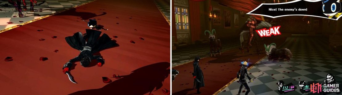 The first battle against the Two-horned Beasts can&rsquo;t be won (left). With Ryuji&rsquo;s help, you can exploit their weakness (right).