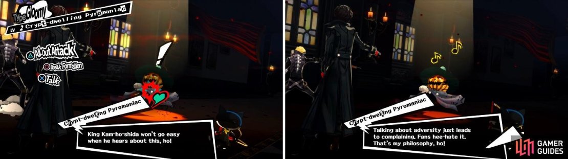 You can see a Shadow&rsquo;s personality type in the upper left during a Hold Up (left). A favorable response will be met with yellow notes coming out of them (right).