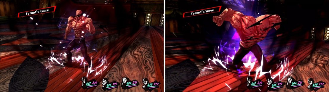 Once his half is at 50%, he will begin using Tyrant&rsquo;s Glare to get an extra turn (left), then finish the round with Tyrant&rsquo;s Wave, damaging everyone (right).