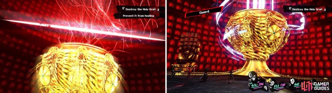 You won&rsquo;t be able to progress in the fight until you cut the lines (left). Make sure to guard when the Holy Grail is charging for its ultimate attack (right).