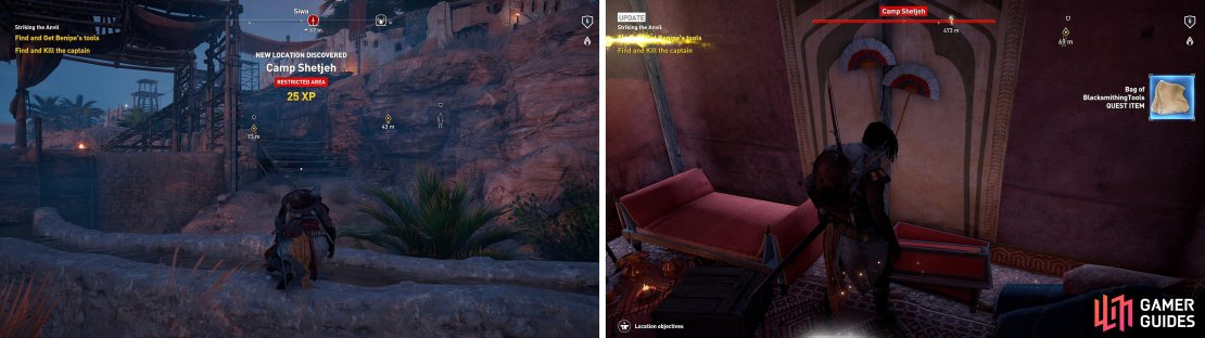 Approach the camp here and climb the wall into the grass (left). The tools are found in a large tent at the center of the camp (right).