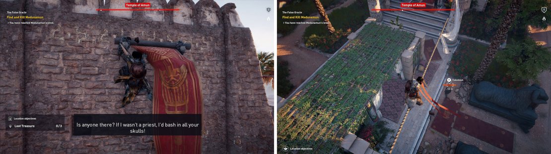Scale the walls (left) and then search for Medunamun. Wait for the opportunity to take him out from above (right) and you&rsquo;ll enter a cutscene.