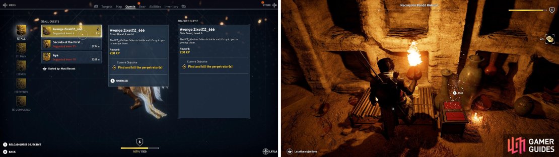 If you&rsquo;re playing online, you may find quests to avenge friends (left). At the Necropolis Hideout, the loot chest is inside the cave (right).
