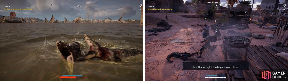 It&rsquo;s not a good idea to fight the crocodiles up close (left). When you get back, you must fight off some soldiers (right) to complete the mission.