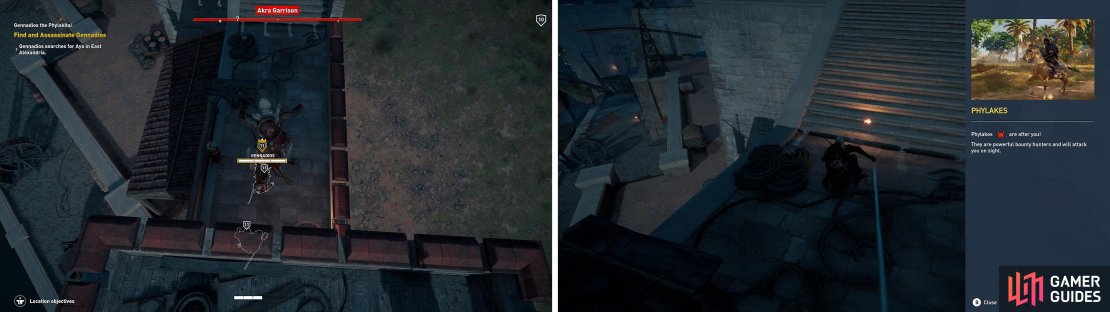 Beware that after you&rsquo;ve assassinated Gennadios, you will have to finish off the other soldiers (left). Now he&rsquo;s dead, other, much stronger, Phylakes will hunt you (right).