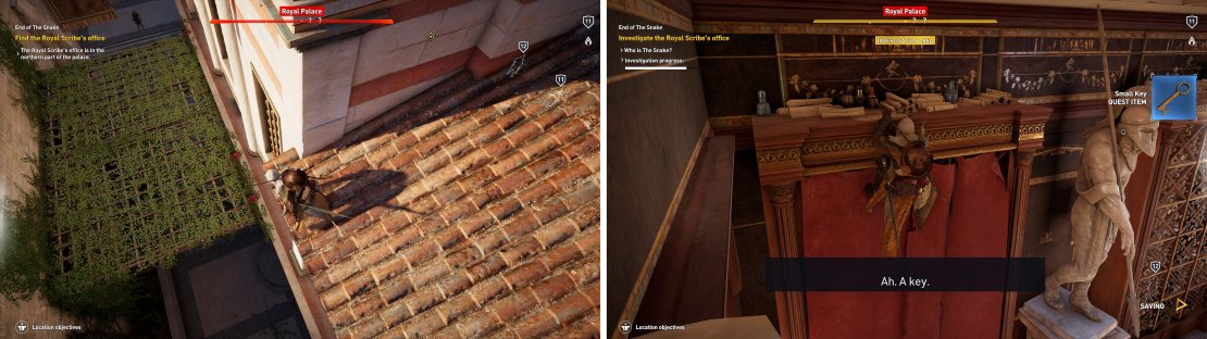 Look for the vine covered terrace (left) to jump down onto and enter the Palace. You&rsquo;ll need to find the key to the chest by climbing the bookshelf (right).