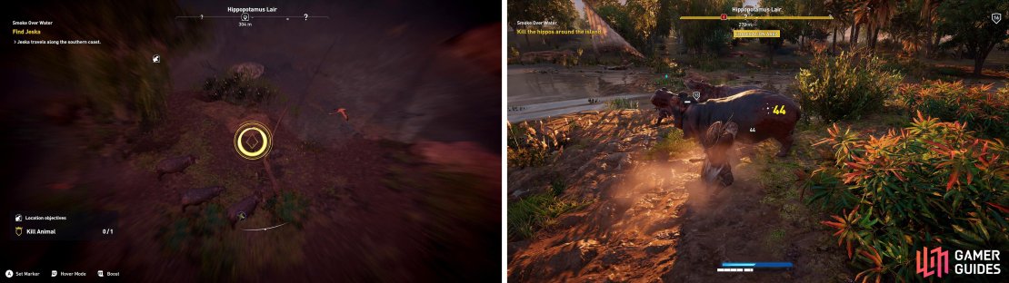 Jeska is surrounded by hippos (left) on a small island. If you&rsquo;re feeling brave, rush into help (right) or take them out from a distance.