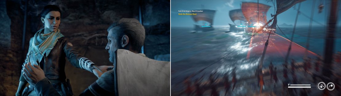 Endure another present-day section with Layla (left) after which you&rsquo;ll find yourself in the game&rsquo;s third main story naval battle (right).