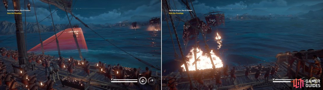 Fire ships are weak, if you aim well and remain calm you can easily dispatch them on at a time (left). If you let one get too close, however, they deal significant damage (right).