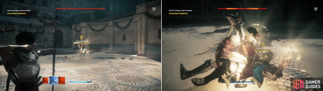 Septimius can&rsquo;t easily counter ranged weapons, so make use of your bows (left) and your Overpower attacks (right).