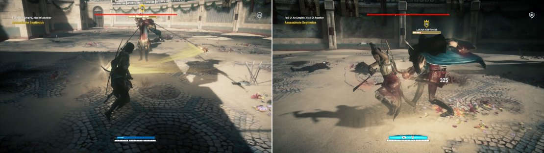 Time your attacks carefully to avoid Septimius&rsquo; spinning weaponry (left) and strike with a charged heavy attack to distrupt him (right).