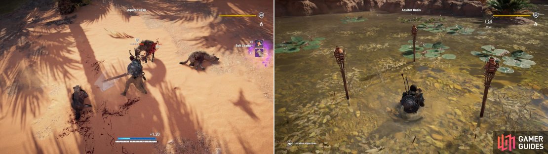 Kill the hyenas prowling about the Aquifer Oasis (left) then meditate in a most&hellip; unusual spot (right).
