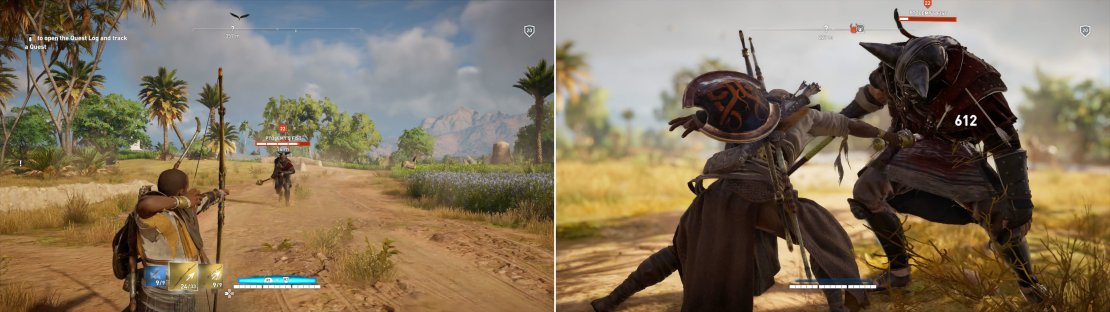Ptolemy&rsquo;s Fist is a slow-moving brute, whose lack of celerity makes him vulnerable to archery (left). Use archery to charge your Overpower meter, then expend the Overpower attack to deal massive damage (right).