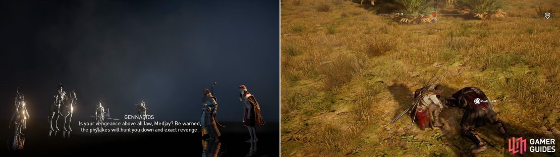 Phylakes will appear after you complete the quest &ldquo;Gennadios the Phylakitai&rdquo; (left). After you kill a Phylakes, be sure to confirm the kill (right).