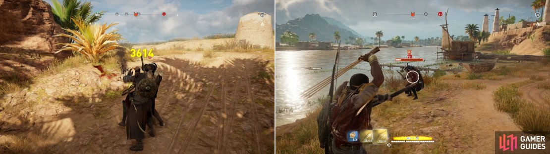 The Iron Ram may be quick, but he&rsquo;s not observant enough to evade a sneak attack (left). You can also counter his speed in melee by simply keeping your distance and showing him the quality of your arrows (right).
