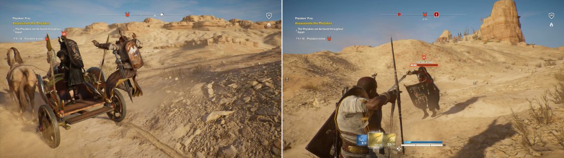 You&rsquo;ll find the Galatian riding around the Isolated Desert in his chariot (left). You can get past his guard with either charged heavy attacks or archery (right).