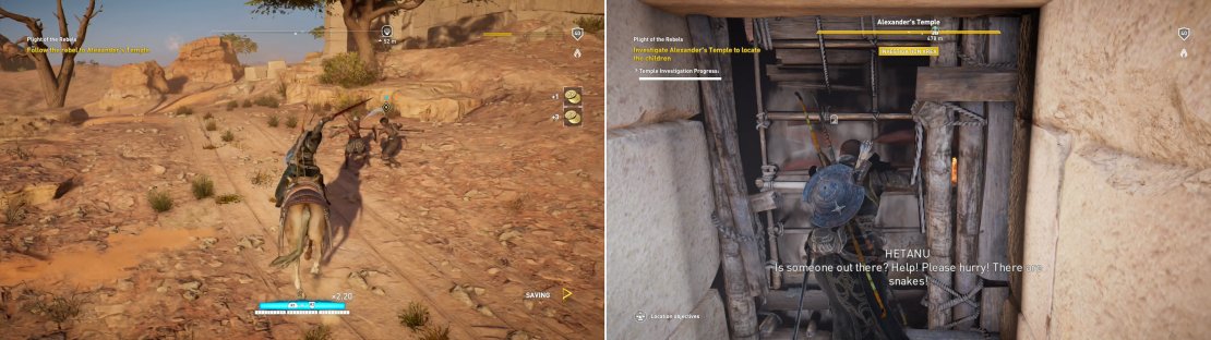 Kill the bandits lurking around Alexander&rsquo;s Temple (left) then descend some stairs and attempt to move a rack to discover one of the missing children (right).