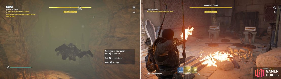Swim through a submerged tunnel (left) then kill the cobras in Alexander&rsquo;s Temple (right).
