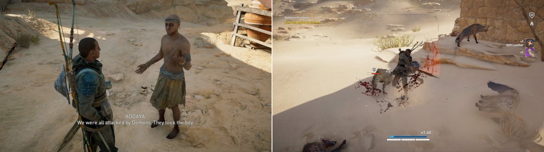 Find a deranged farmer wandering around the Dionysias Caravanserai, who will tell you about some &ldquo;demons&rdquo; (left). Head to the tower the farmer mentioned to find the missing boy, who is having a spat with some hyenas (right).