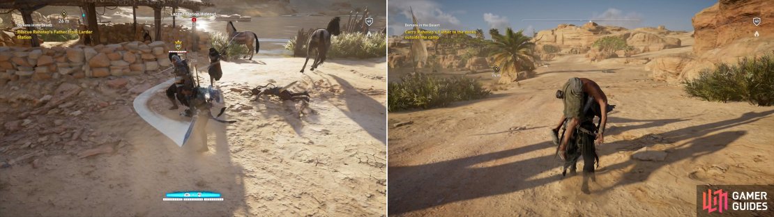 Join the farmer&rsquo;s assault on the Larder Station Hideout (left) then carry the boy&rsquo;s father to safety (right).
