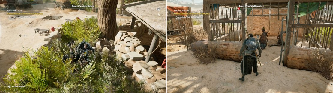 The Desert Waterfalls Hideout&rsquo;s ample foliage makes clearing it a simple matter (left), after which you&rsquo;ll need to free the captive farmers (right).