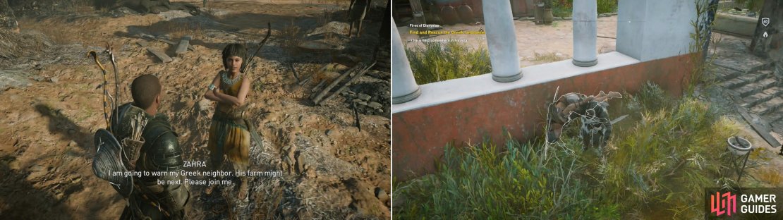 Talk to Zahra near her burnt farm (left) then head to her neighbor&rsquo;s farm and kill the bandits there (right).