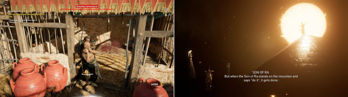 Kill the Son of Ra (left) then witness a scene where Bayek&rsquo;s actions are compared to those of the man he just killed (right).
