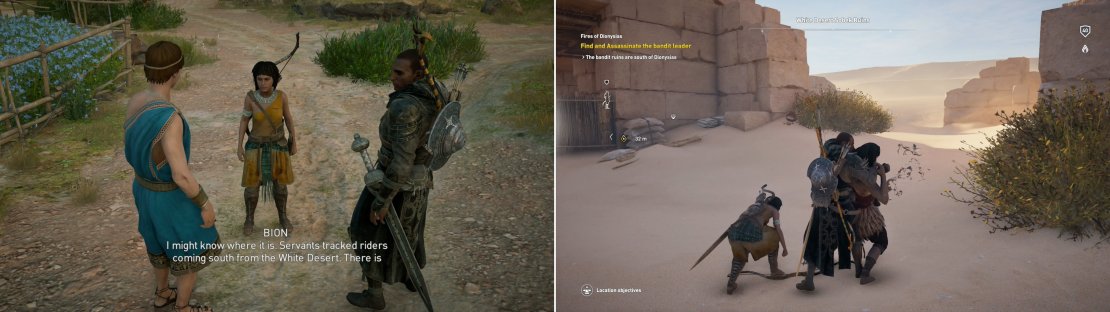 You&rsquo;ll learn from Bion that the bandits operate out of the White Desert (left). Head to their camp and kill them (right).