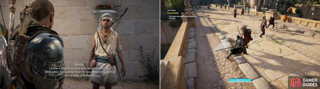Find the Roman killer, Khalid, and escort him out of the city (left). He&rsquo;ll cause trouble for you along the way by provoking Roman soldiers, so fight them off as necessary (right).