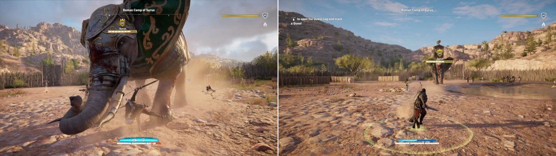 Surus is aggressive, and will prefer to attack in melee (left). This won&rsquo;t stop the soldiers riding in the elephant from throwing fire bombs at you, however (right).