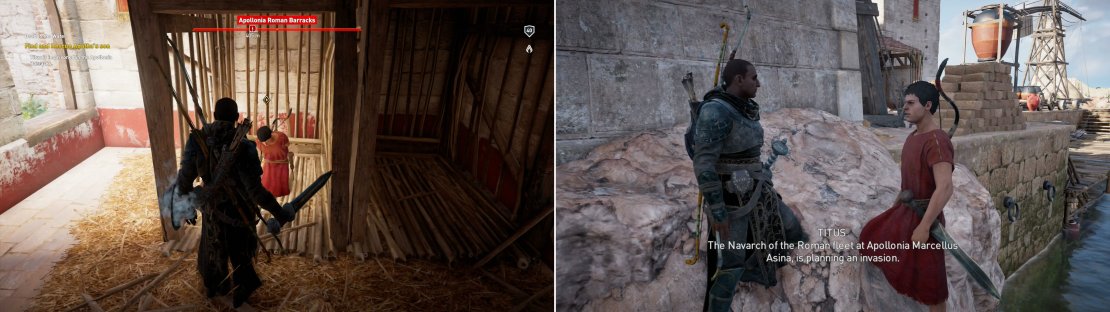 Free Agatha&rsquo;s son Titus (left) then escort him out of the barracks and he&rsquo;ll tell you about the nefarious Roman Navarch (right).