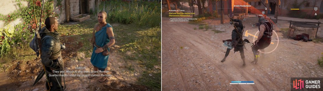 Talk to Darius, who will ask you recover a horse that was &ldquo;requisitioned&rdquo; by Romans (left). Kill the Quartermaster and his guards at the Archile Pandocheion to find out where Hermes went (right).