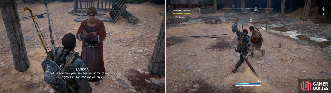 Talk to the Lanista and he&rsquo;ll demand you prove your worth (left), by fighting his lesser gladiators (right).