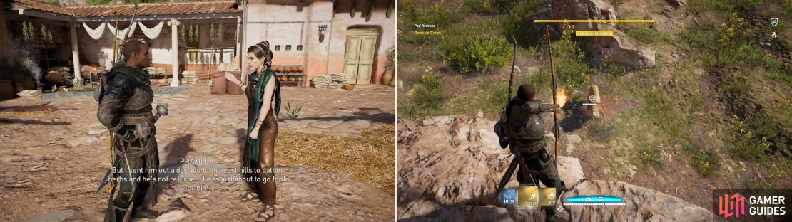 Talk to Praxilla back at Balagrae (left) and she&rsquo;ll ask you to hunt down wayward Crios. Chase of the lion that has him scared up a rock to rescue the addled man (right).