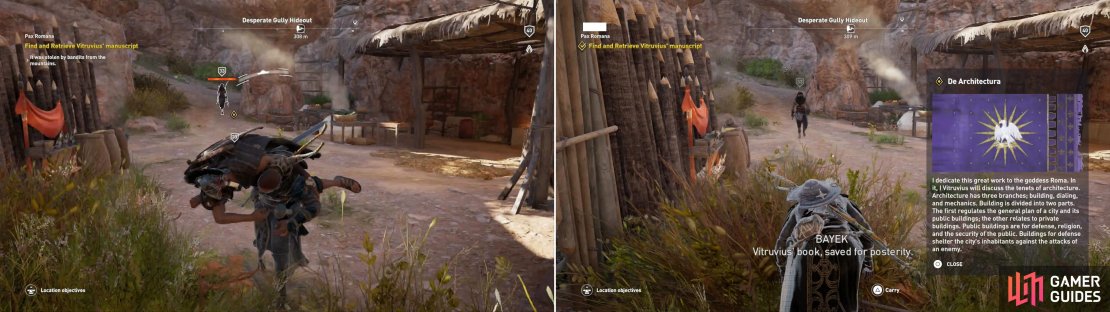 Kill the bandit at the Desperate Gully Hideout (left), including the one with Vitruvius&rsquo; manupscript (right).