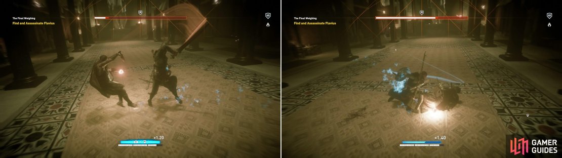 Dodge Flavius&rsquo; attacks and while doing so charge up a heavy attack (left) which will knock Flavius down and open him up for more abuse (right).