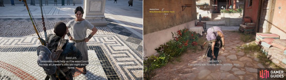 Talk to Diocles and he&rsquo;ll request your help in dealing with a magistrate named Leander (left). Recover his drunken friend Simonides, who has info on intel you need (right).