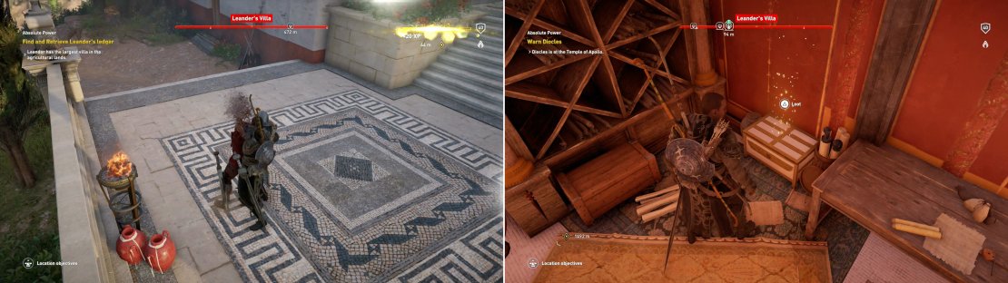 Kill the soldiers at Leander&rsquo;s Villa (left), then search the estate to find the intel Simonides told you about (right).