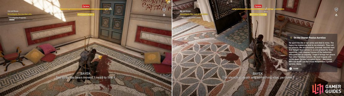 Search a blood stain on the upper floor (left) then examine the victim&rsquo;s body on the bottom floor (right).