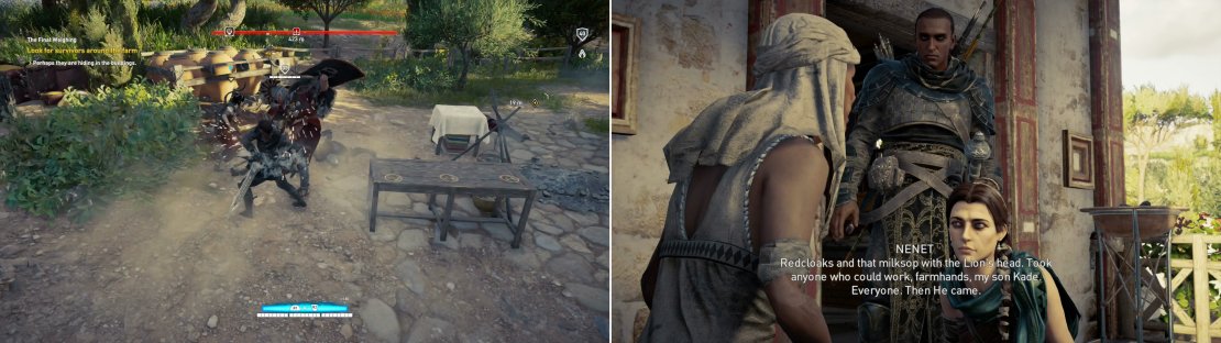 Kill the Roman soldiers patrolling the farm (left) then talk to the woman who bore witness to Flavius&rsquo; power (right).