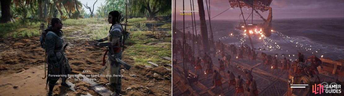 Heed Aya&rsquo;s advice well - once you continue, you&rsquo;ll be stuck doing main quests for a bit (left). When you do move on, practice your naval combat skills (right).